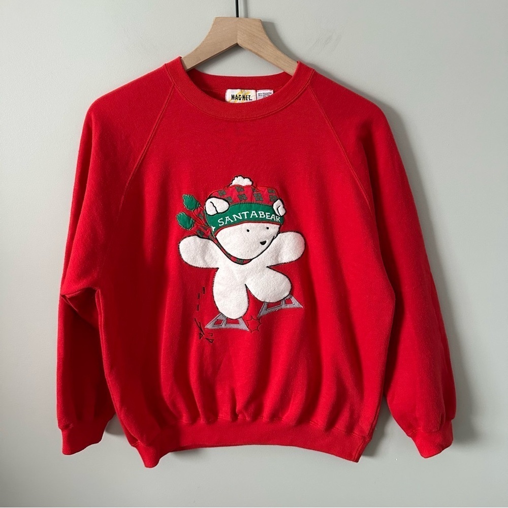 Vintage 90s Santabear Christmas Sweatshirt Red Korea Made Medium Holiday